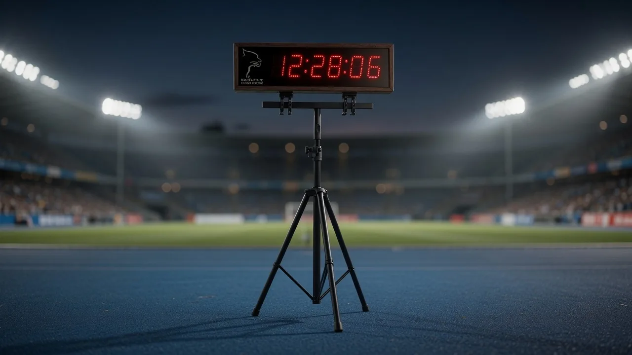 jClock digital race clock on a track at dusk