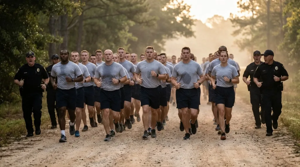 Law enforcement academy recruits and officers jogging in formation on a wooded dirt road at golden hour