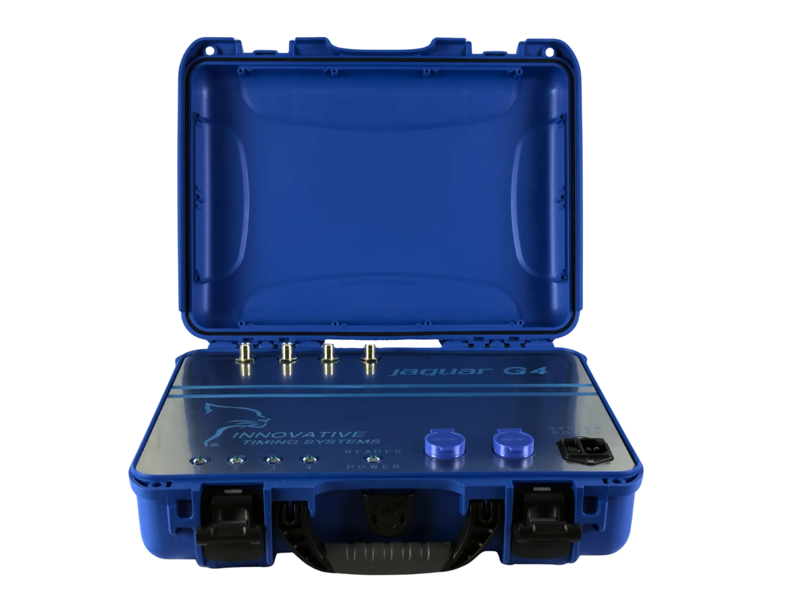 Jaguar G4 timing system, open case showing four antenna ports and control panel
